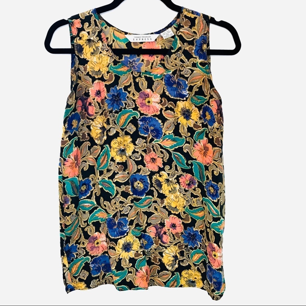 Vintage Express Floral Print Silk Tank Blouse